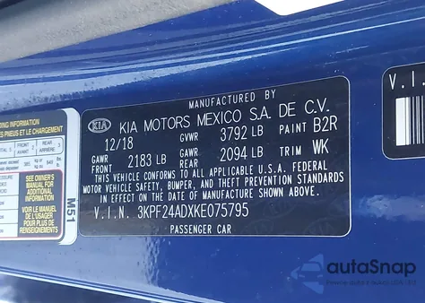 2019 Kia Forte Lxs из США, поврежденный, VIN 3KPF24ADXKE075795